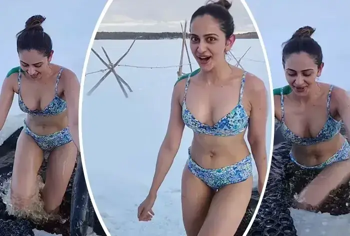 Indian Actress Rakul Preet Singh taking a dip in freezing water